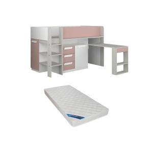 Cama 90 x 200 cm - Con escritorio y compartimentos - Rosa n…