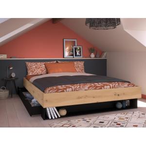 Cama con cajón y estante 160 x 200 cm - Color: natural y ne…