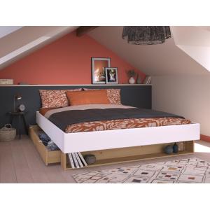 Cama con cajón y estante 160 x 200 cm - Color: blanco y nat…