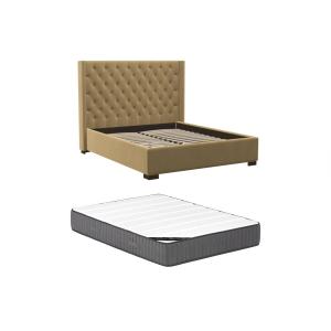 Cama con cabecero acolchado - 140 x 200 cm - Tela - Beige  …