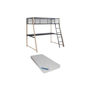 Cama alta MALICIA - 90 x 190 cm - escritorio - Negro y robl…