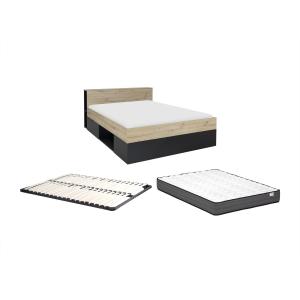 Cama 140 x 190 cm - 3 cajones y 6 estantes - Natural y negr…