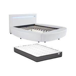 Cama 160 x 200 cm - Con LEDs - Piel sintética - Blanco   Co…