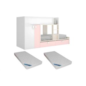 Cama tren con armario - 2 x 90 x 190 cm - Blanco natural y…