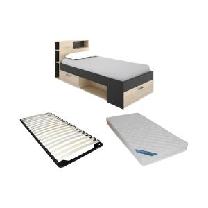 Cama con cabecero y cajón - 90 x 190 cm - Natural y antraci…