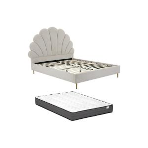 Cama con cabecero 160 x 200 cm - Tela - Beige   Colchón - L…
