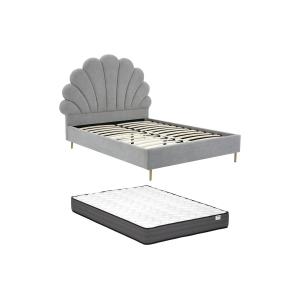 Cama con cabecero 140 x 190 cm - Tela - Gris claro   Colchó…