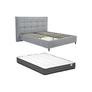 Cama de 140 x 190 cm con cabecero capitoné - Tela - Gris  …