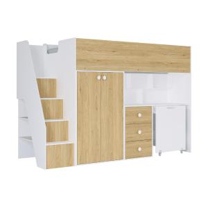 Cama alta 90 x 190 cm con armario y escritorio - Blanco y n…