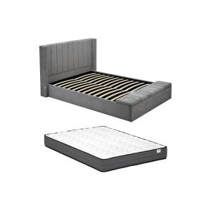 Cama baúl 160 x 200 cm con banco - Tela - Gris   Colchón -…