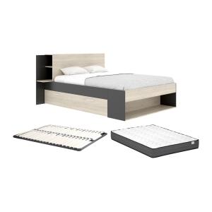 Cama 140 x 190 cm con almacenamiento - Color: Natural y neg…
