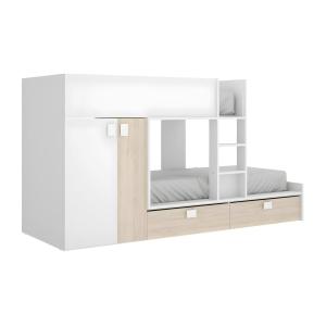Cama tren con armario - 2 x 90 x 190 cm - Blanco y natural…