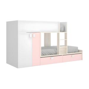 Cama tren con armario - 2 x 90 x 190 cm - Blanco natural y…