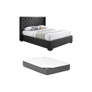 Cama con cabecero acolchado - 140 x 200 cm - Tela - Gris  …