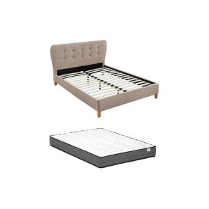Cama 140 x 190 cm con cabecero capitoné - Tela - Beige   co…