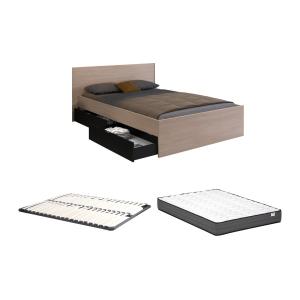 Cama con 2 cajones 140 x 190 cm - Color: natural y negro  …