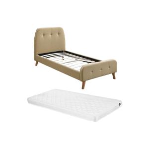 Cama 90 x 190 cm con cabecero tapizado - Tela - Beige   Col…