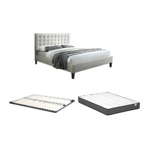 Cama 160 x 200 cm con cabecero capitoné - Tela - Beige   So…