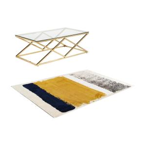 Conjunto mesa de centro dorada CHARLOTTE y alfombra azul mo…