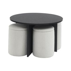 Mesa de centro de MDF   4 pufs de tela de rizo - Negro y bl…