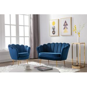 Conjunto sofá de 2 plazas y sillón de terciopelo azul noche…