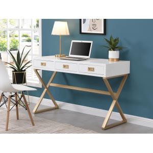 Escritorio con 3 cajones - MDF y metal - Blanco y dorado -…
