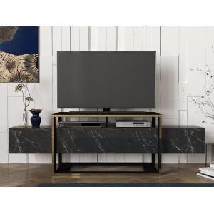 Mueble TV 2 estantes - Efecto mármol negro y dorado - COMEB…