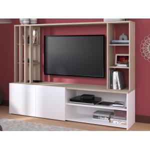 Mueble TV con compartimentos - Natural y blanco GORBELLA