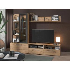 Mueble TV DUBLIN con compartimentos - Color: roble y negro