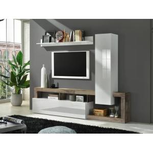 Mueble TV SEFRO - Con compartimentos - Blanco lacado y roble