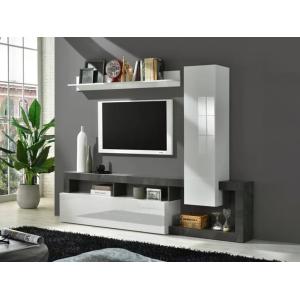 Mueble TV SEFRO - Con compartimentos - Blanco lacado y ceme…