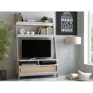 Mueble TV con estanterías ESKALI - 2 puertas - Blanco y rob…