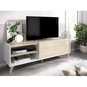 Mueble TV KOLYMA - 1 puerta y 2 estantes - Color: roble y b…