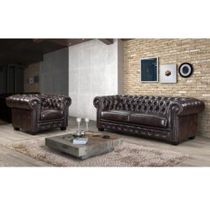 Sillón chesterfield BRENTON 100% piel de búfalo  - Marrón
